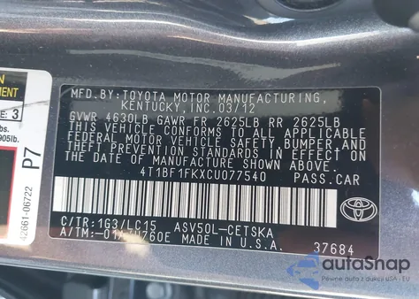 2012 Toyota Camry Se z USA, uszkodzony, nr VIN 4T1BF1FKXCU077540
